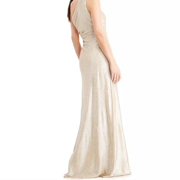 Calvin Klein One Shoulder Ruched Metallic Gown. 10 - Picture 5 of 16